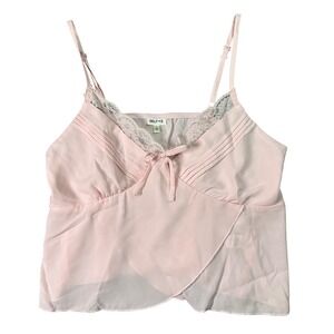 Selfie Y2K Ballerina Lace Trim Camisole Bow Pintuck‎ Chiffon Top Coquette Pink L